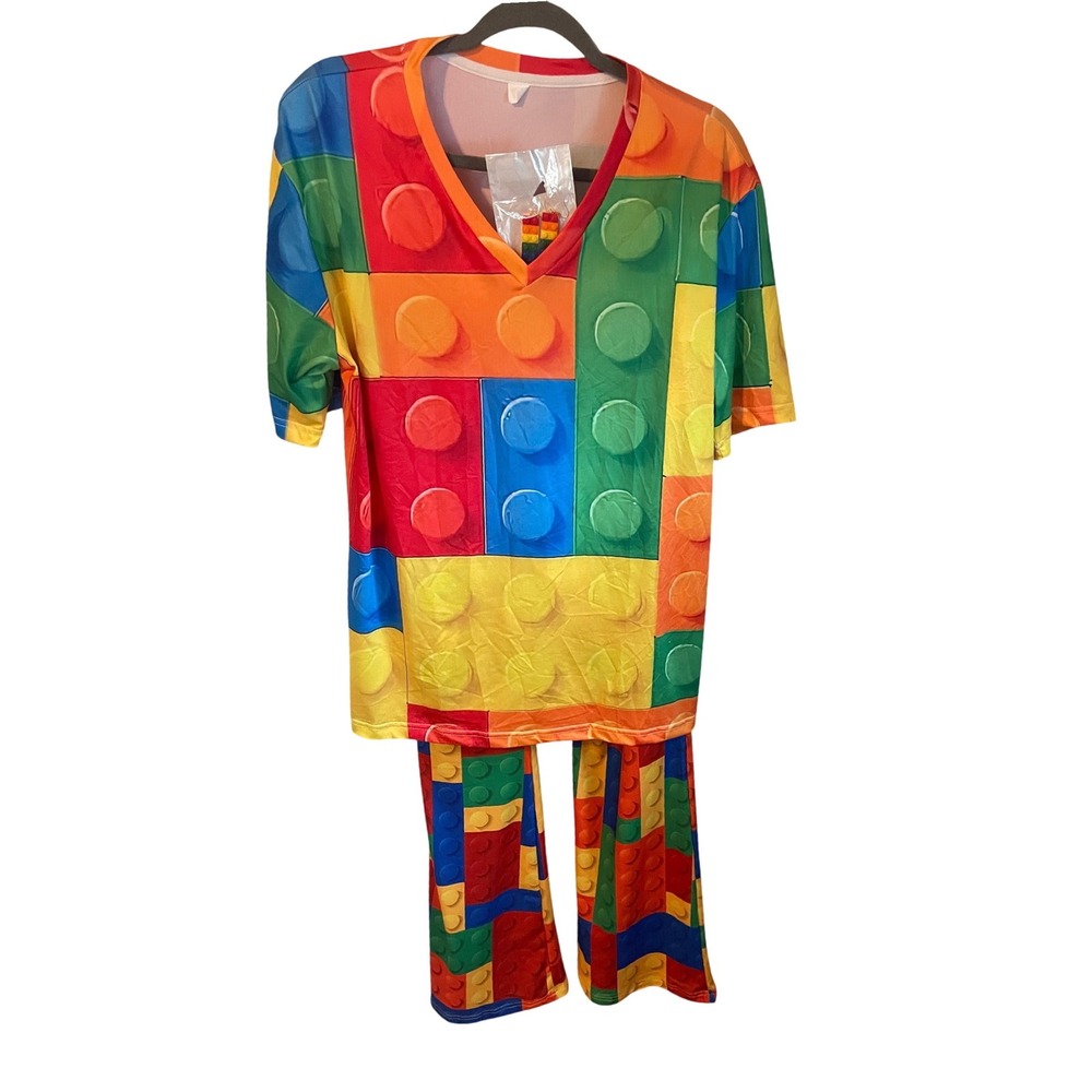 Toy Building Block Brick Halloween Costume Top Flare Pants Earrings Size L M